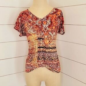 FRENCH BLUE medium petite orange red white with rhinestones bohemian tee shirt